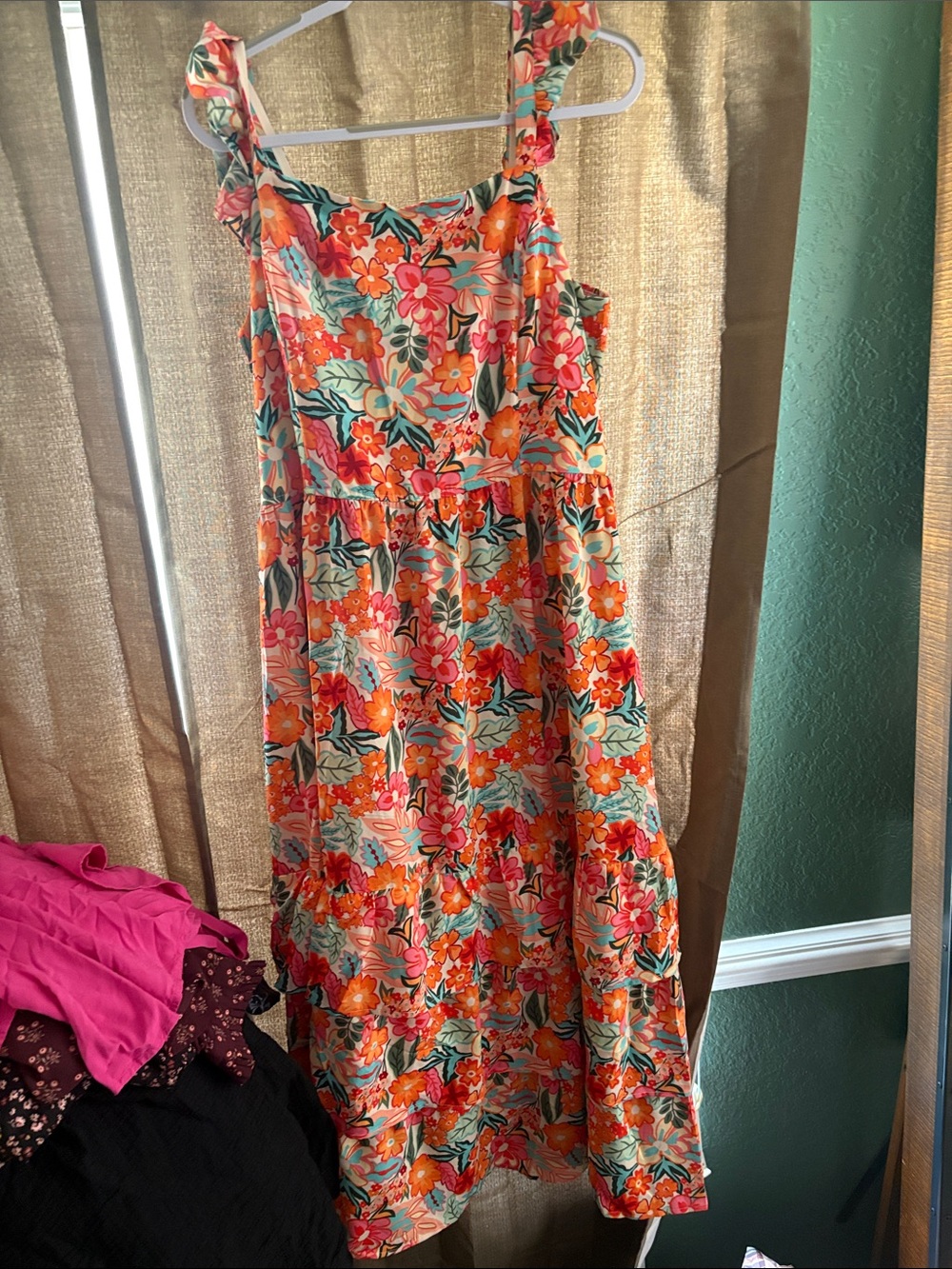 Floral Tie-Shoulder Midi Dress in Coral & Teal